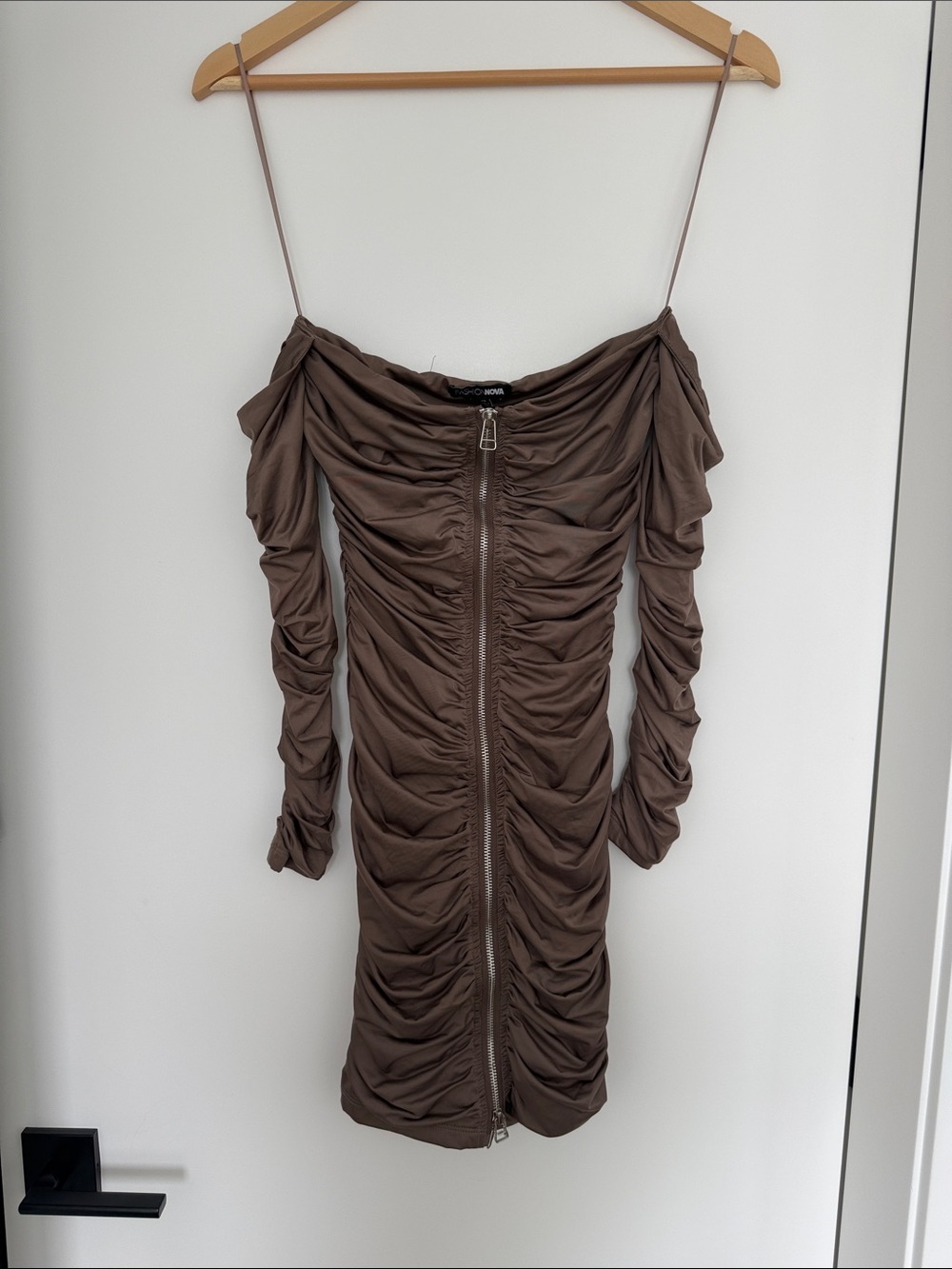 Fashion Nova Taupe Ruched Off-Shoulder Bodycon Dress